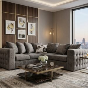 A large grey L-shaped sectional sofa with tufted arms and cushions arranged around a square dark marble coffee table on an abstract patterned rug.