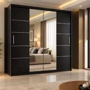 Lisbon Sliding Door Mirror Wardrobe in Black for Modern Bedroom