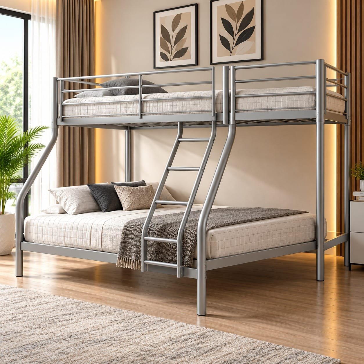 A silver metal twin-over-full bunk bed with an angled center ladder, guardrails on the top bunk, and neutral bedding, set against a beige bedroom wall with botanical art.
