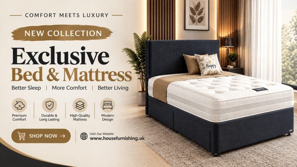 Premium bed and mattress with modern upholstered frame and comfortable white mattress