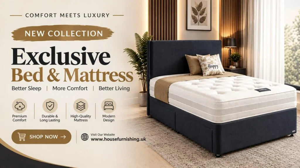Premium bed and mattress with modern upholstered frame and comfortable white mattress
