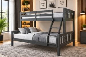 Modern grey bunk bed with ladder and comfortable mattresses in a stylish bedroom