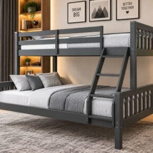 Modern grey bunk bed with ladder and comfortable mattresses in a stylish bedroom