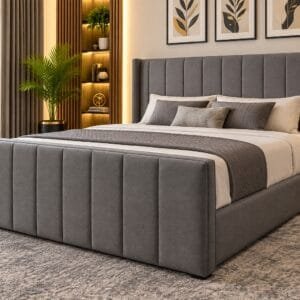 Luxury grey upholstered bed with tall headboard and matching padded footboard