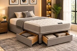 Modern grey storage bed with spacious under-bed drawers in luxury bedroom