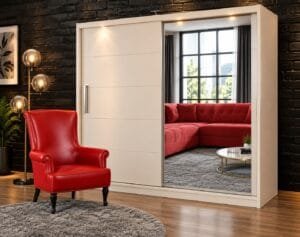 Modern cream two-door sliding wardrobe with full-length mirror in stylish bedroom