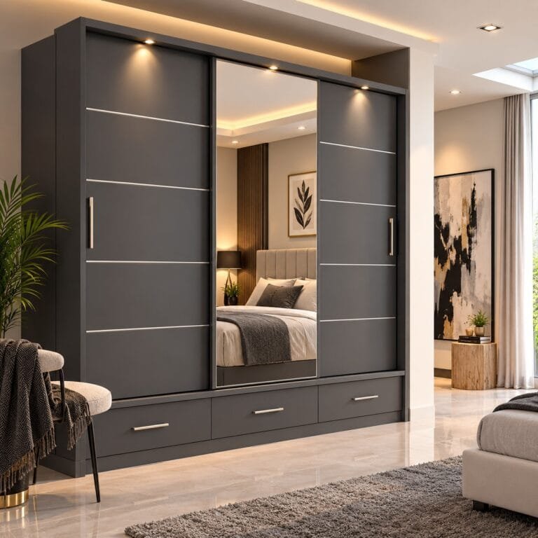 Modern dark grey built-in wardrobe with sliding doors and full-length mirror