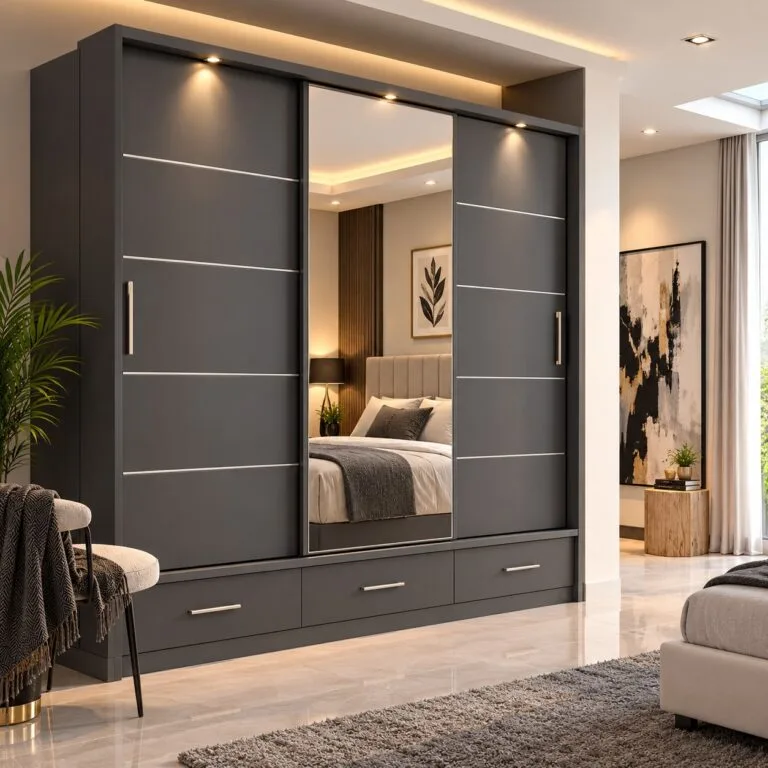Modern dark grey built-in wardrobe with sliding doors and full-length mirror