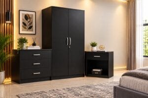 Modern black bedroom wardrobe set with storage drawers and matching bedside cabinet