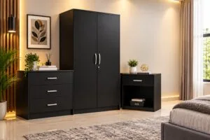 Modern black bedroom wardrobe set with storage drawers and matching bedside cabinet